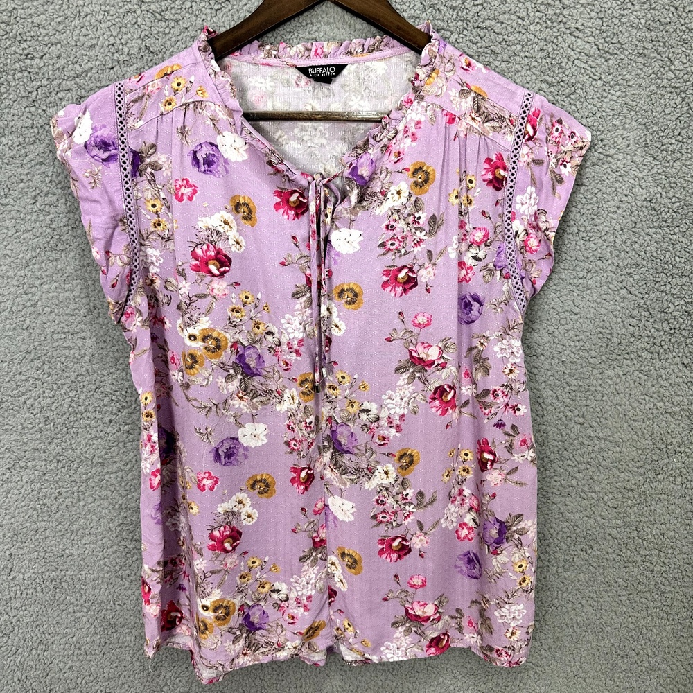 Buffalo David Bitton Blouse Womens Medium Purple Floral Cap Sleeve Boho Tie Neck